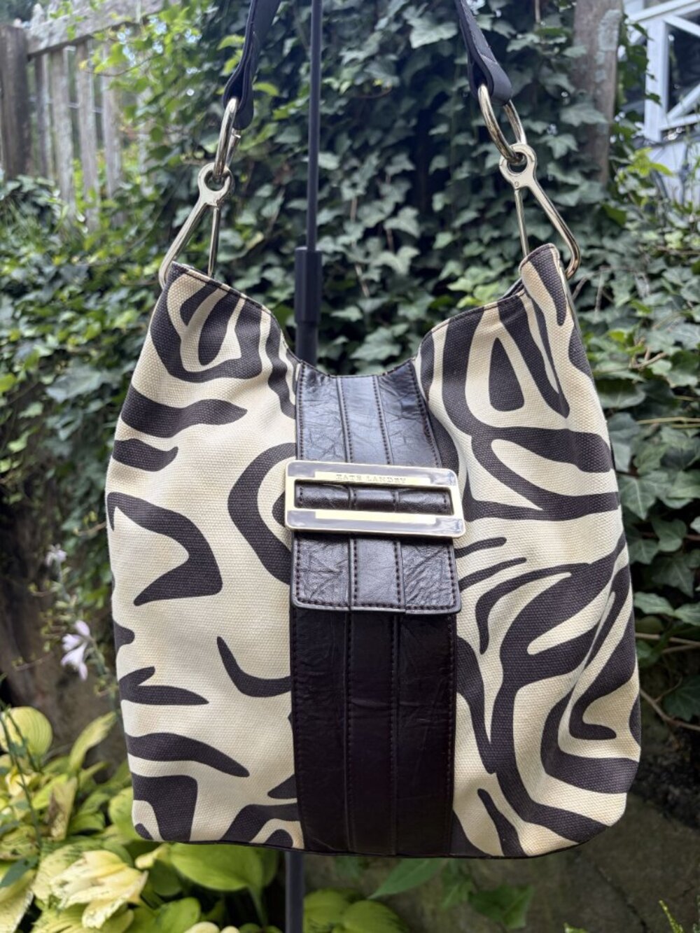 Nine West Zebra Print Hobo Shoulder Bag Faux Leather Brown Cream Y2K Pink Lining - Picture 2 of 16